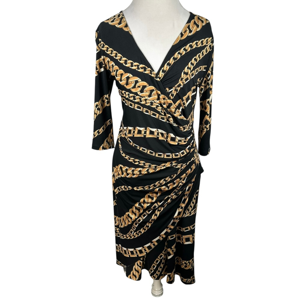 Janine Chain Link Print Faux Wrap Midi Sheath Dress Womens L Cocktail Vintage - Picture 2 of 10